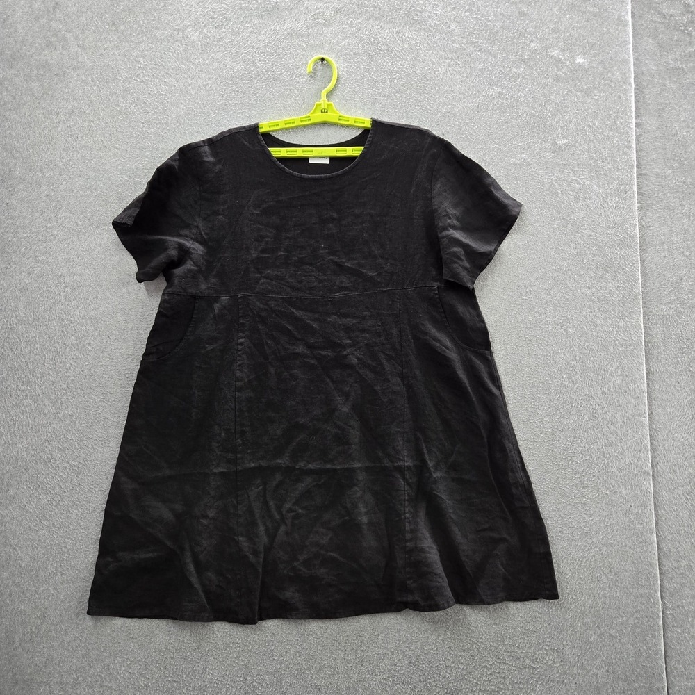 Bryn Walker Women Dress 1X Black Linen Shift Lagenlook Relaxed Short Sleeve
